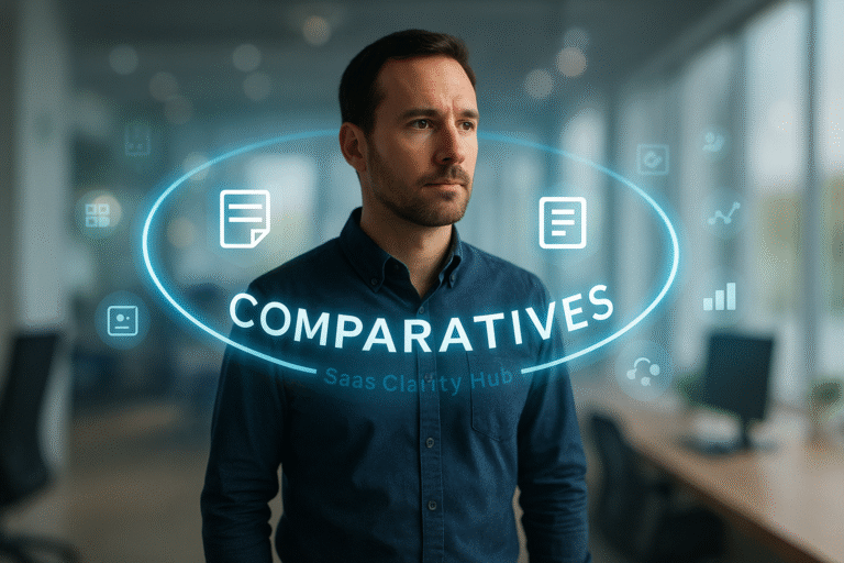 Holograma con tarjetas comparativas rotando alrededor de un profesional en un entorno de productividad.