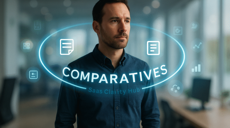 Holograma con tarjetas comparativas rotando alrededor de un profesional en un entorno de productividad.