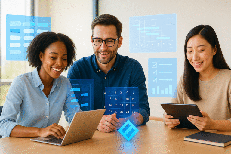 Equipo diverso de profesionales planificando con un software para proyectos en 2025, interactuando con interfaces de gestión de tareas y calendarios.