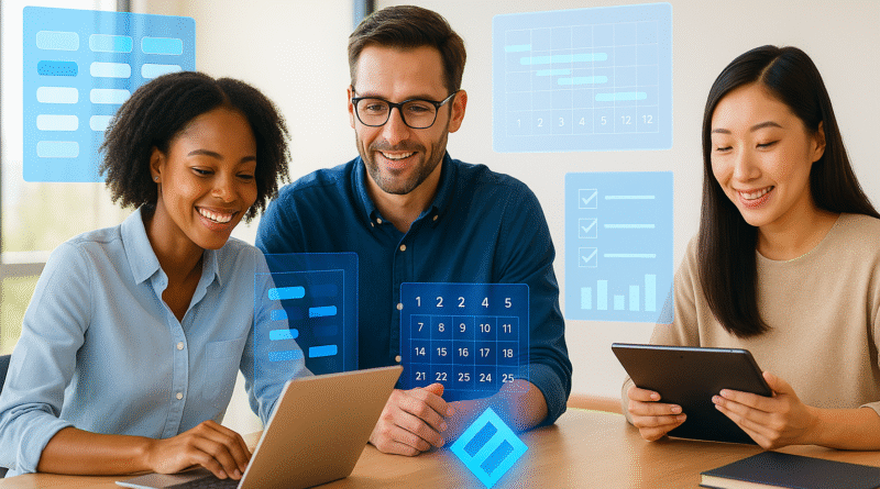 Equipo diverso de profesionales planificando con un software para proyectos en 2025, interactuando con interfaces de gestión de tareas y calendarios.