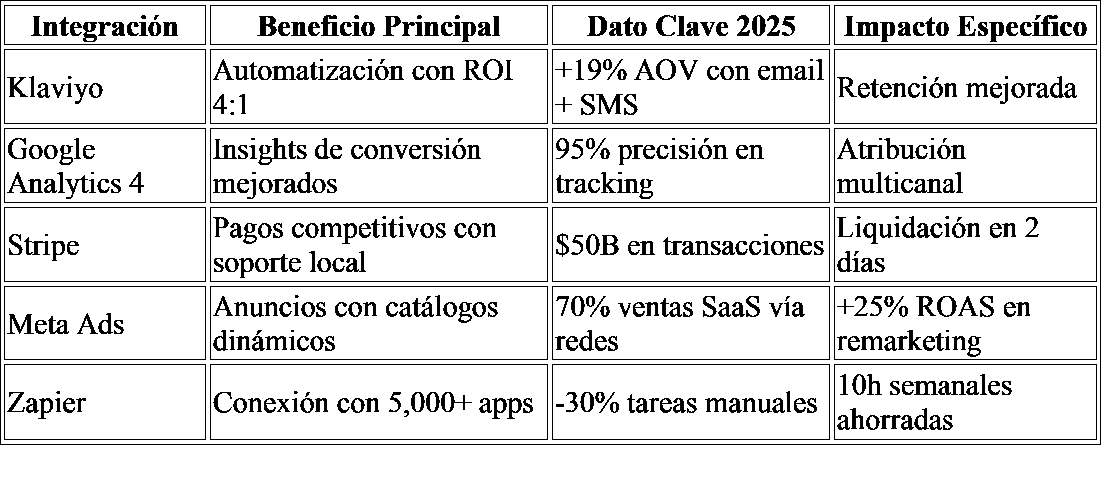 Tabla resumen con el stack de integraciones esenciales para Shopify en 2025, incluyendo Klaviyo, GA4, Stripe, Meta Ads y Zapier.
