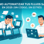 Ilustración comparativa de un emprendedor SaaS antes y después de automatizar flujos con Zapier y Make en 2025.