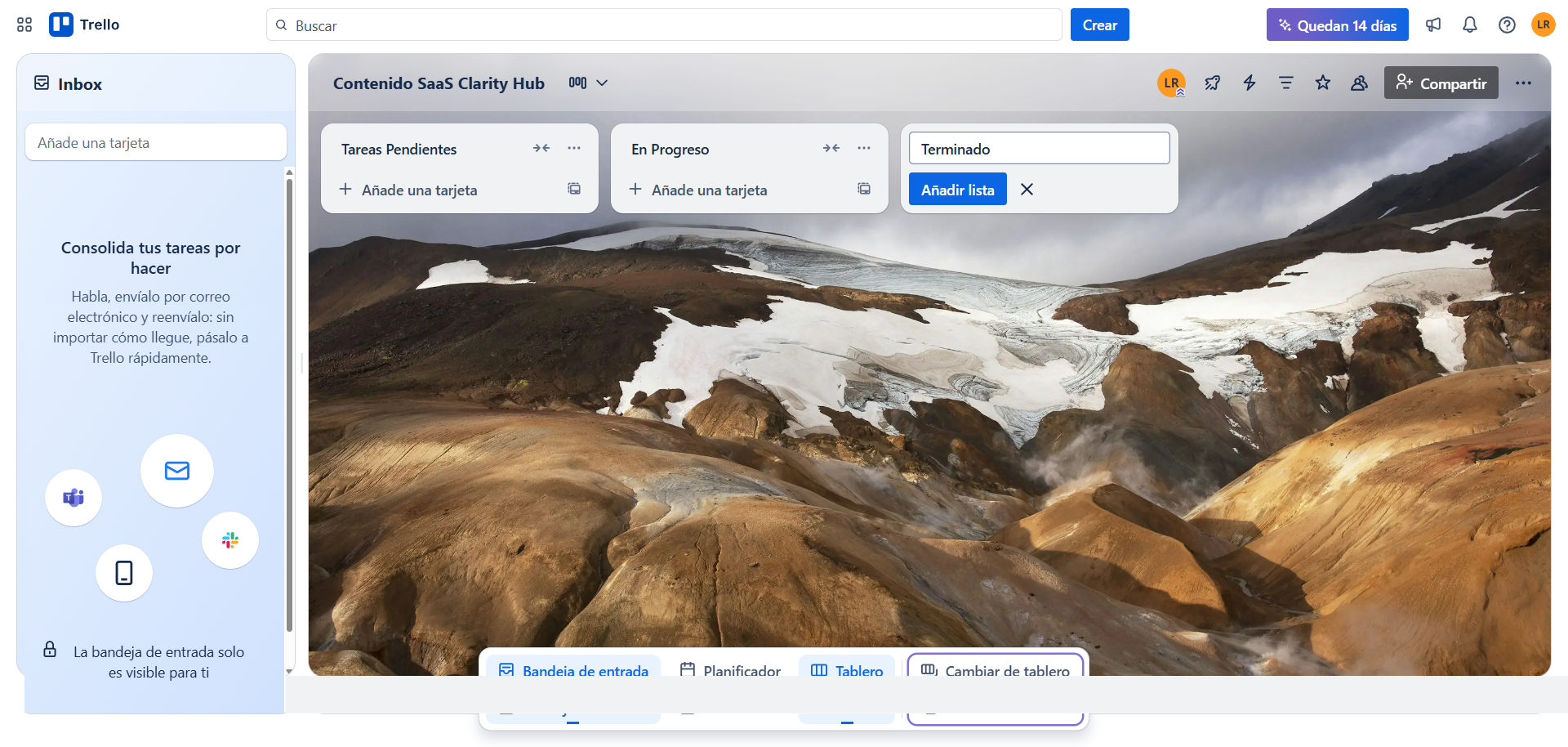 Tablero Kanban en Trello con las columnas Pendiente, En Progreso y Terminado.