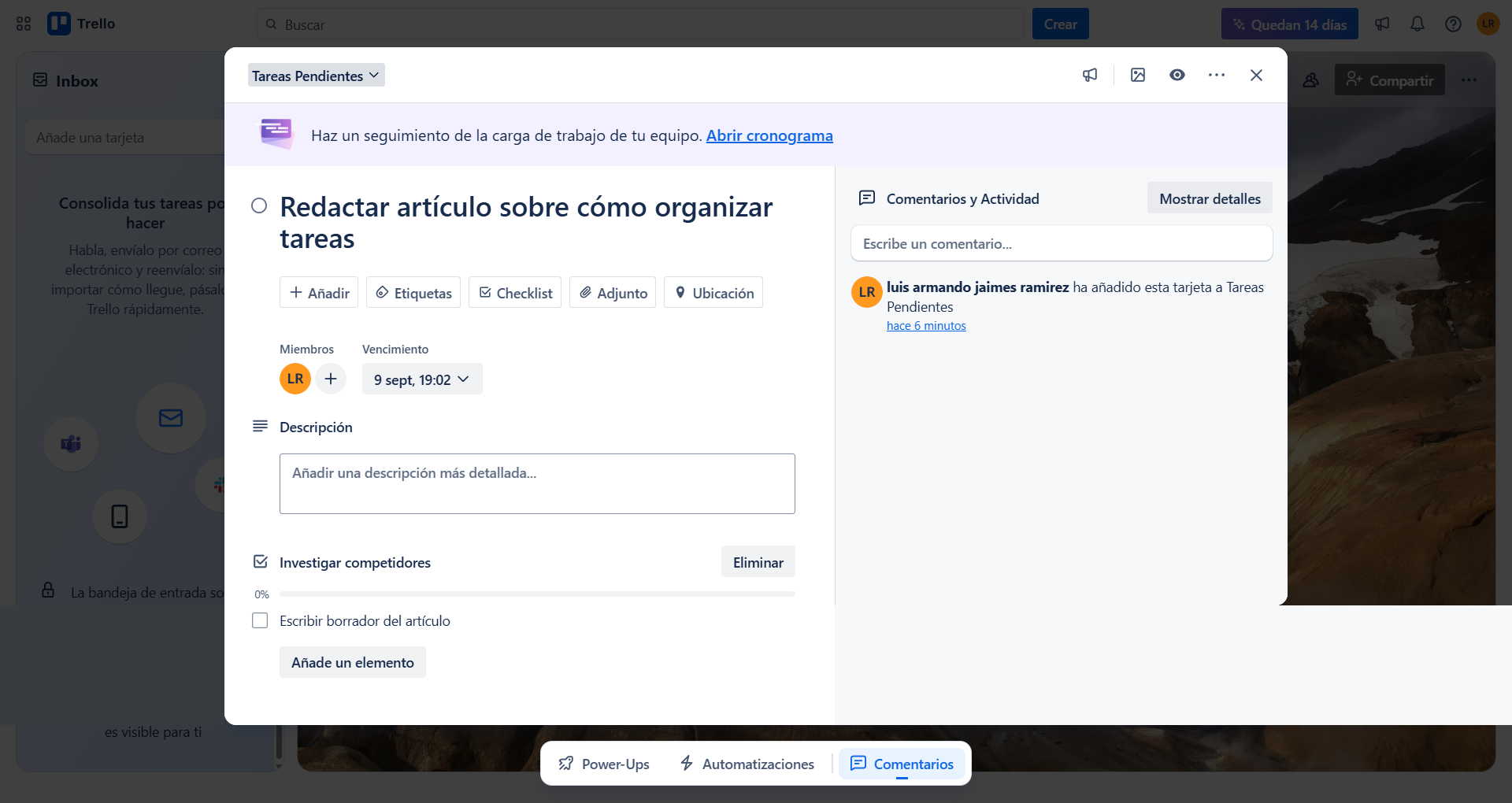 Vista de detalles de una tarjeta en Trello con miembros, fecha y checklist.