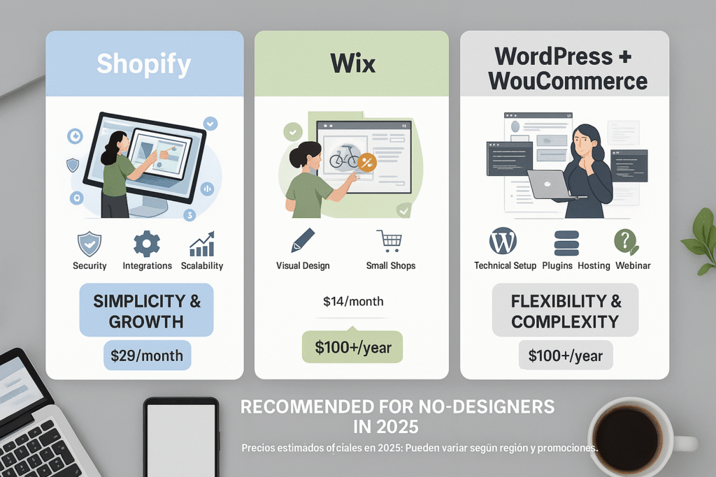 Comparativa Shopify, Wix y WooCommerce para cómo vender online en 2025 sin saber de diseño