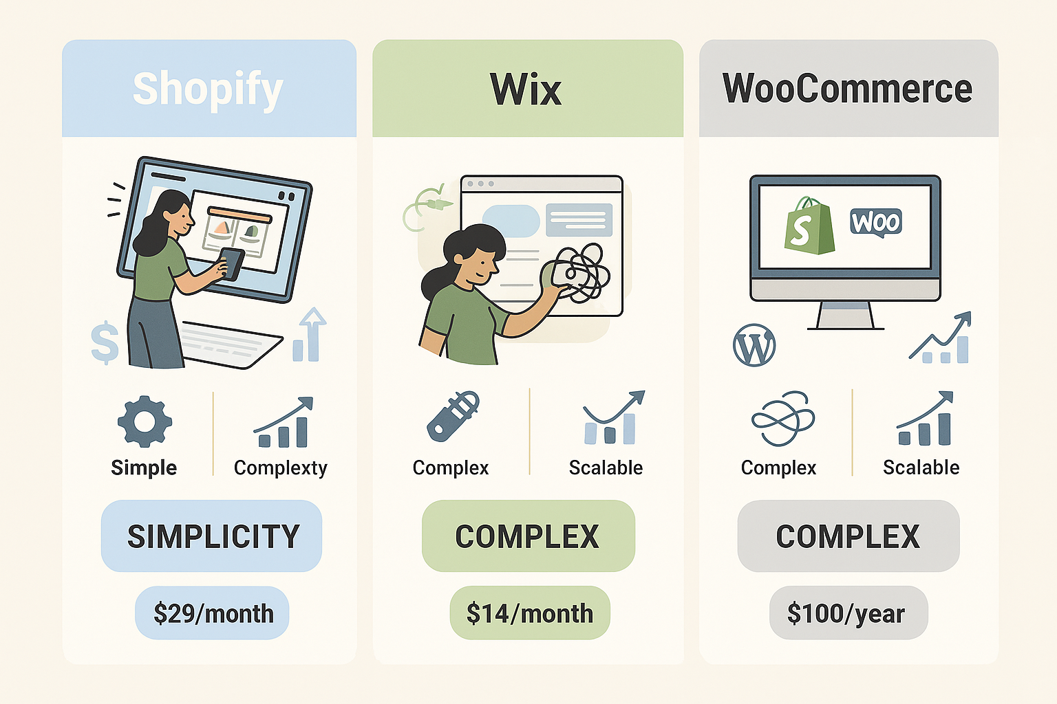 Comparativa visual Shopify vs Wix vs WooCommerce en 2025, precios, escalabilidad y facilidad de uso