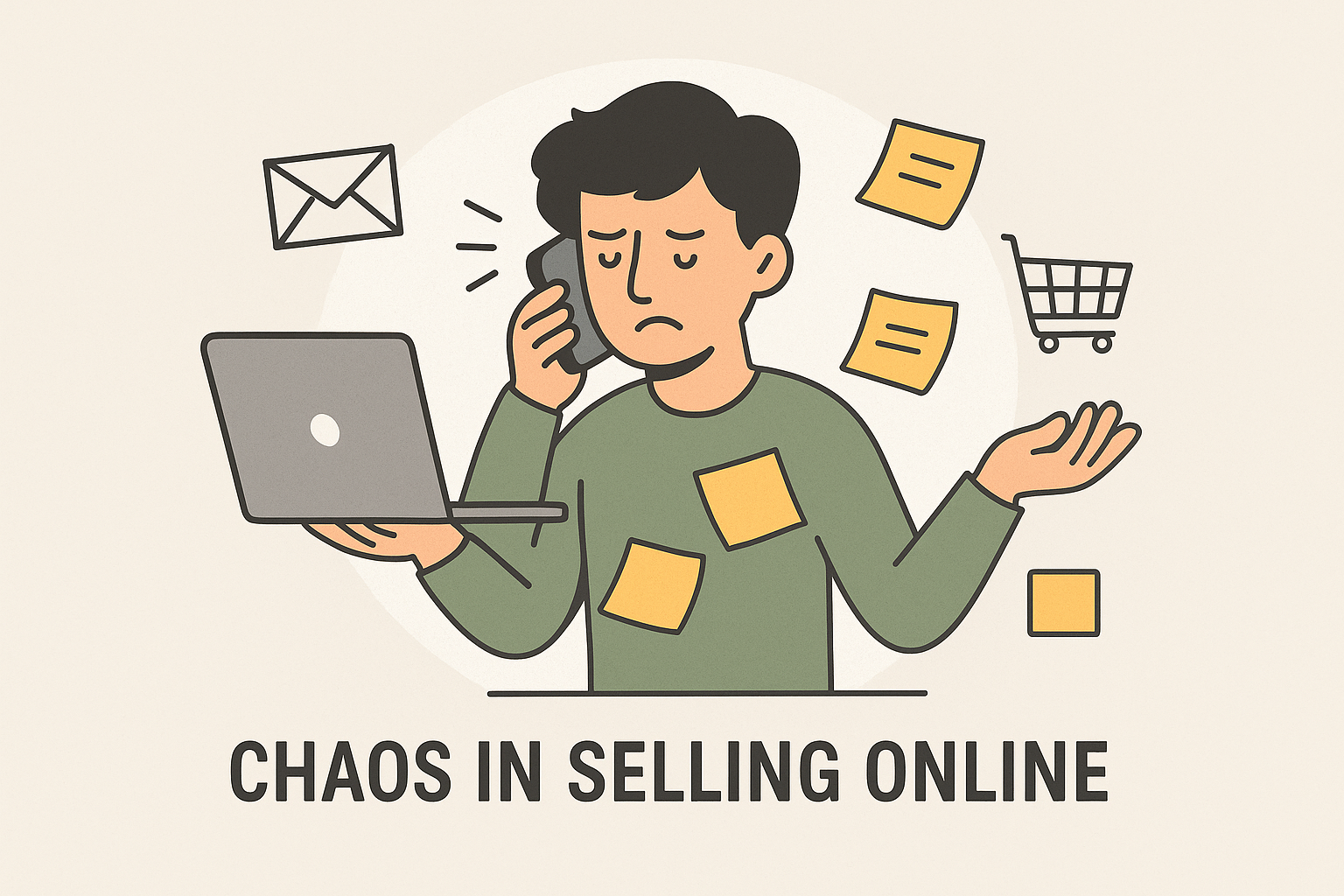 Ilustración de un emprendedor abrumado con laptop, notas y carrito, simbolizando el caos de vender online sin herramientas en 2025