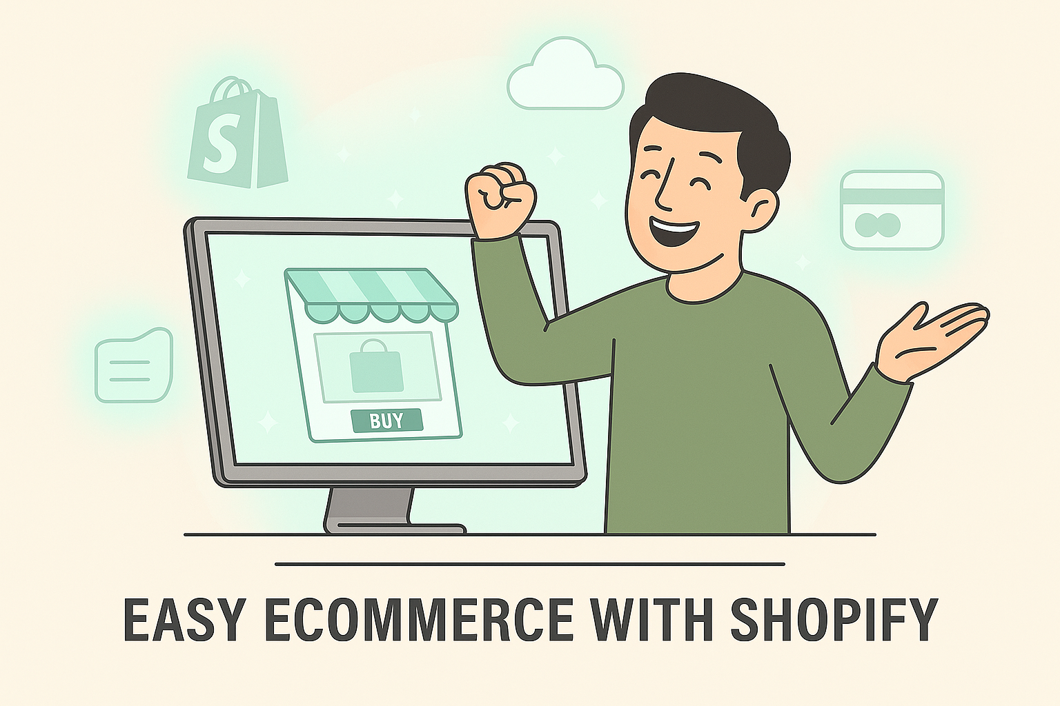 Ilustración futurista de emprendedor lanzando tienda online con Shopify y SaaS en 2025, simbolizando ecommerce sin fricción técnica