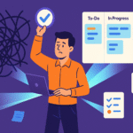 Ilustración de un emprendedor transformando el caos en orden con herramientas SaaS y un tablero Kanban organizado.