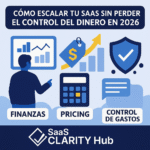Ilustración digital sobre cómo escalar un SaaS sin perder el control financiero en 2026, guía de SaaS Clarity Hub.