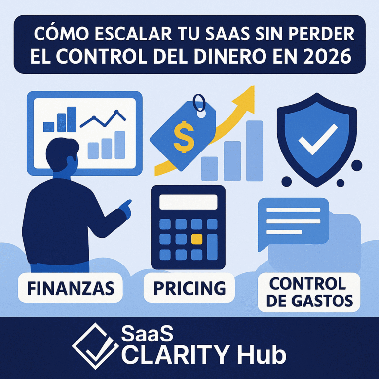 Ilustración digital sobre cómo escalar tu SaaS sin perder el control financiero en 2026, guía de SaaS Clarity Hub.