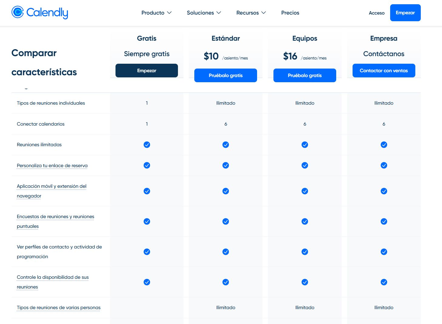 Tabla comparativa de precios de Calendly mostrando el plan Estándar a 10 dólares
