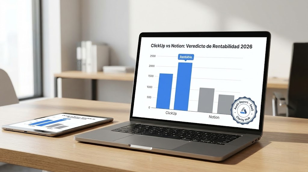 Comparativa de rentabilidad ClickUp vs Notion 2026 en pantalla de laptop sobre escritorio profesional con sello de auditoría.