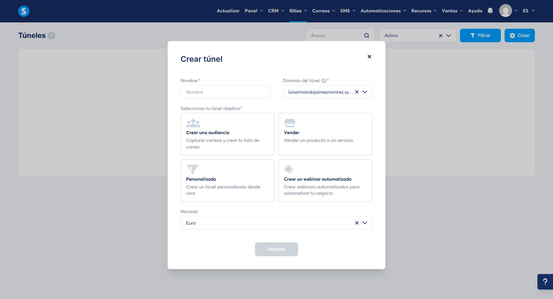 Interfaz de creación de túneles de venta en Systeme.io totalmente en español