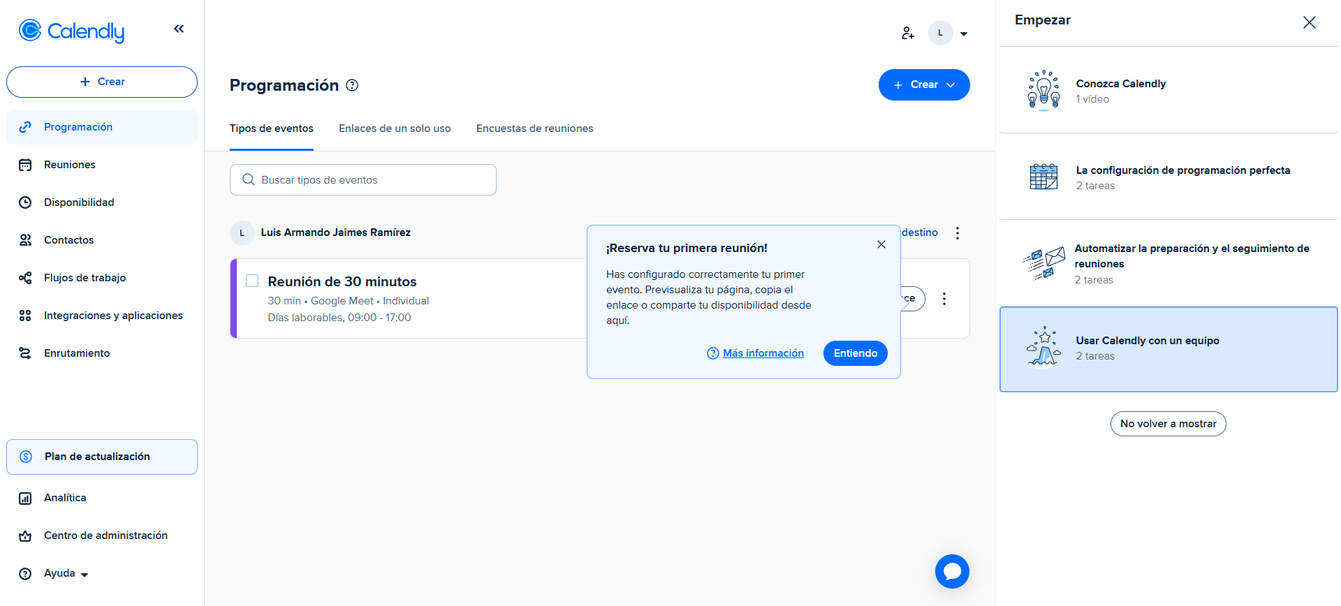 Panel de control de Calendly en español mostrando la configuración de una reunión de 30 minutos