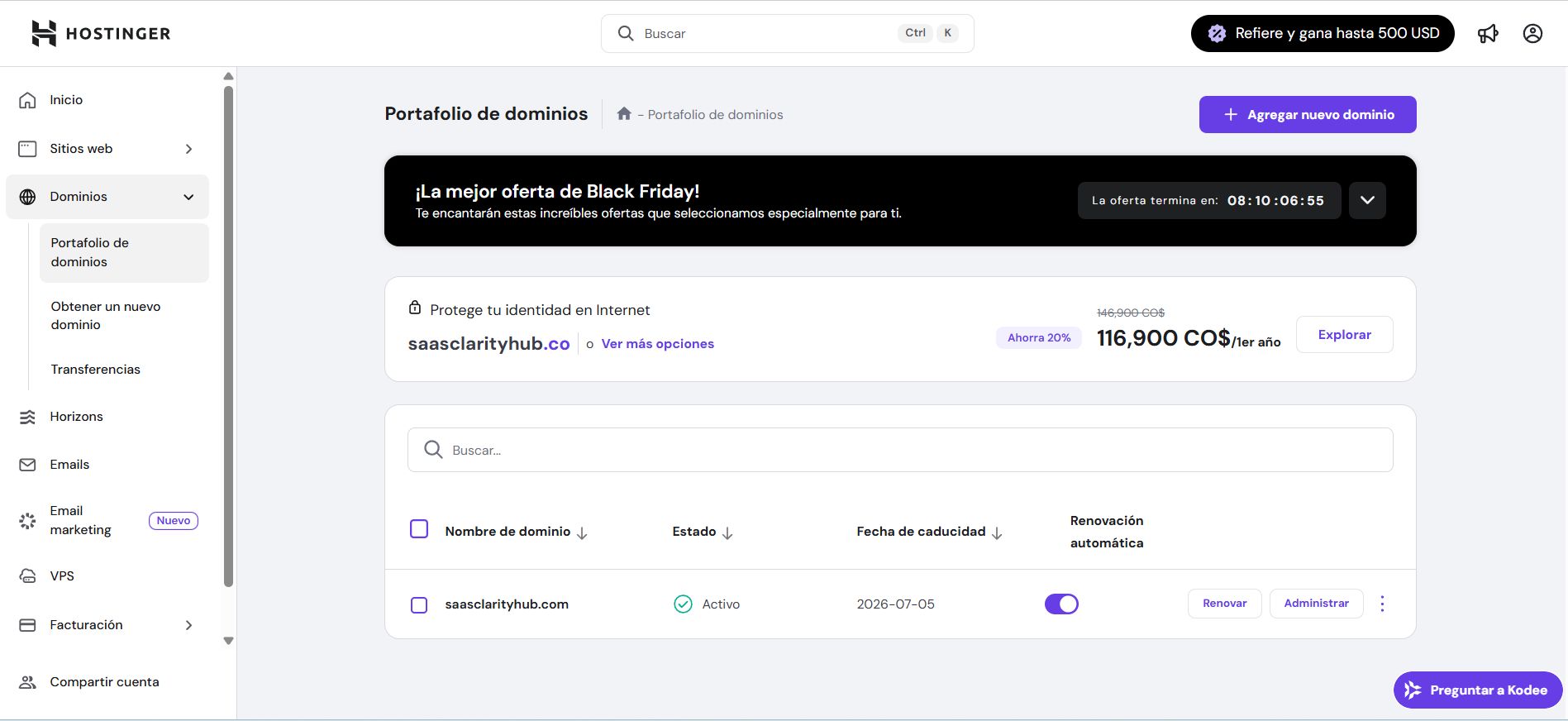 Captura hPanel Hostinger 2026 panel control limpio español fácil usar moderno vs cPanel tradicional Madrid Barcelona Miami CDMX