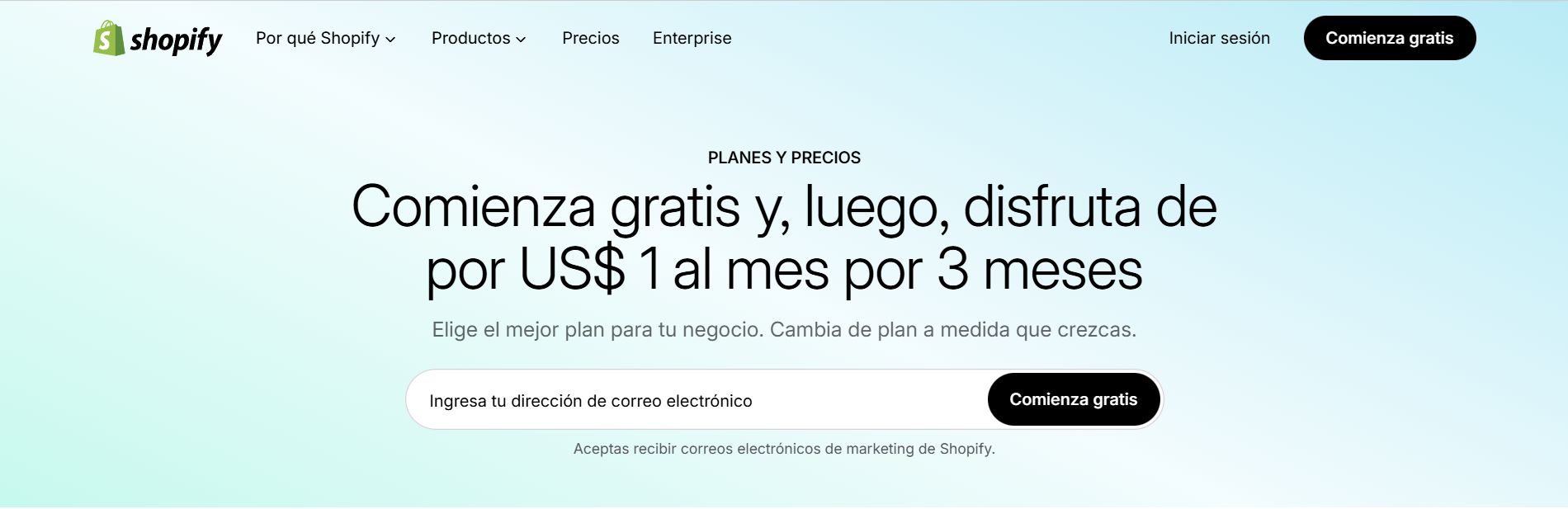 Banner de oferta de Shopify por 1 dólar al mes para nuevos emprendedores