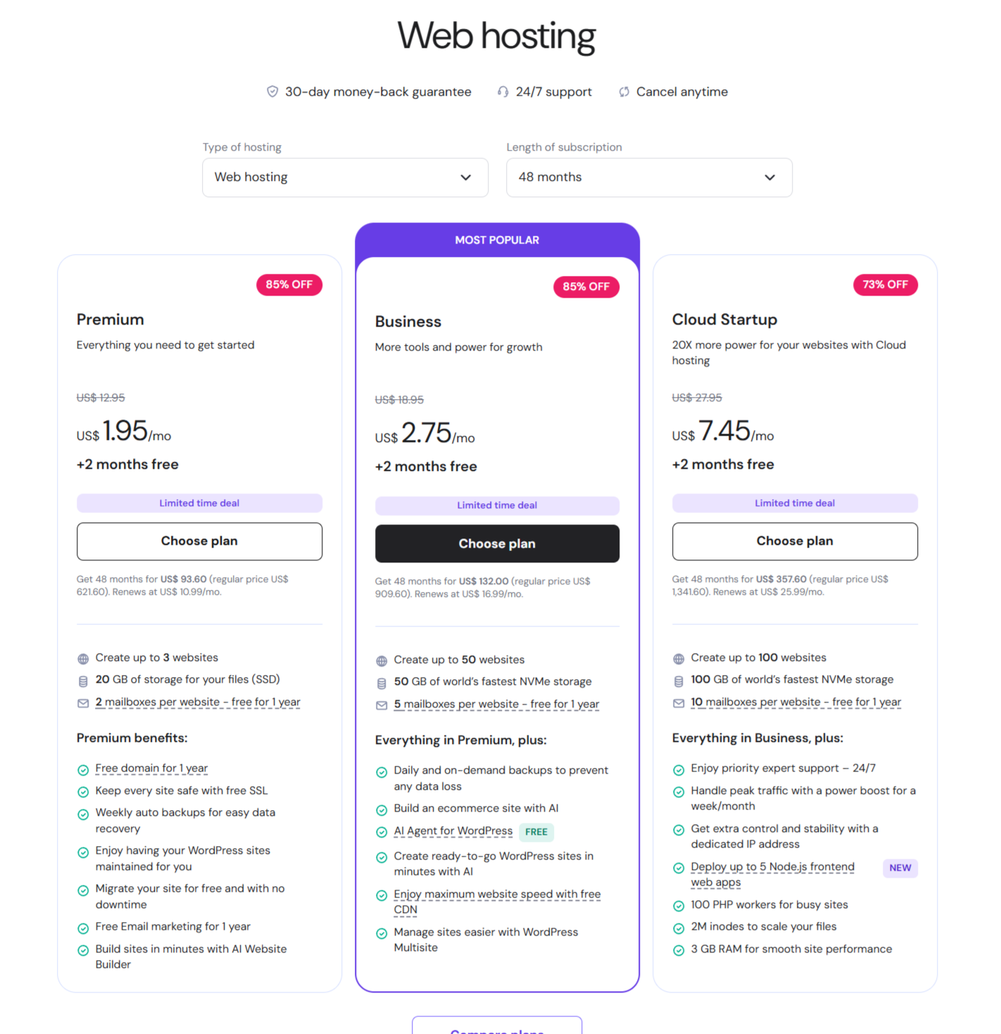 Tabla precios oficial Hostinger 2026 planes Premium Business Cloud Startup descuentos dólares España USA México Argentina