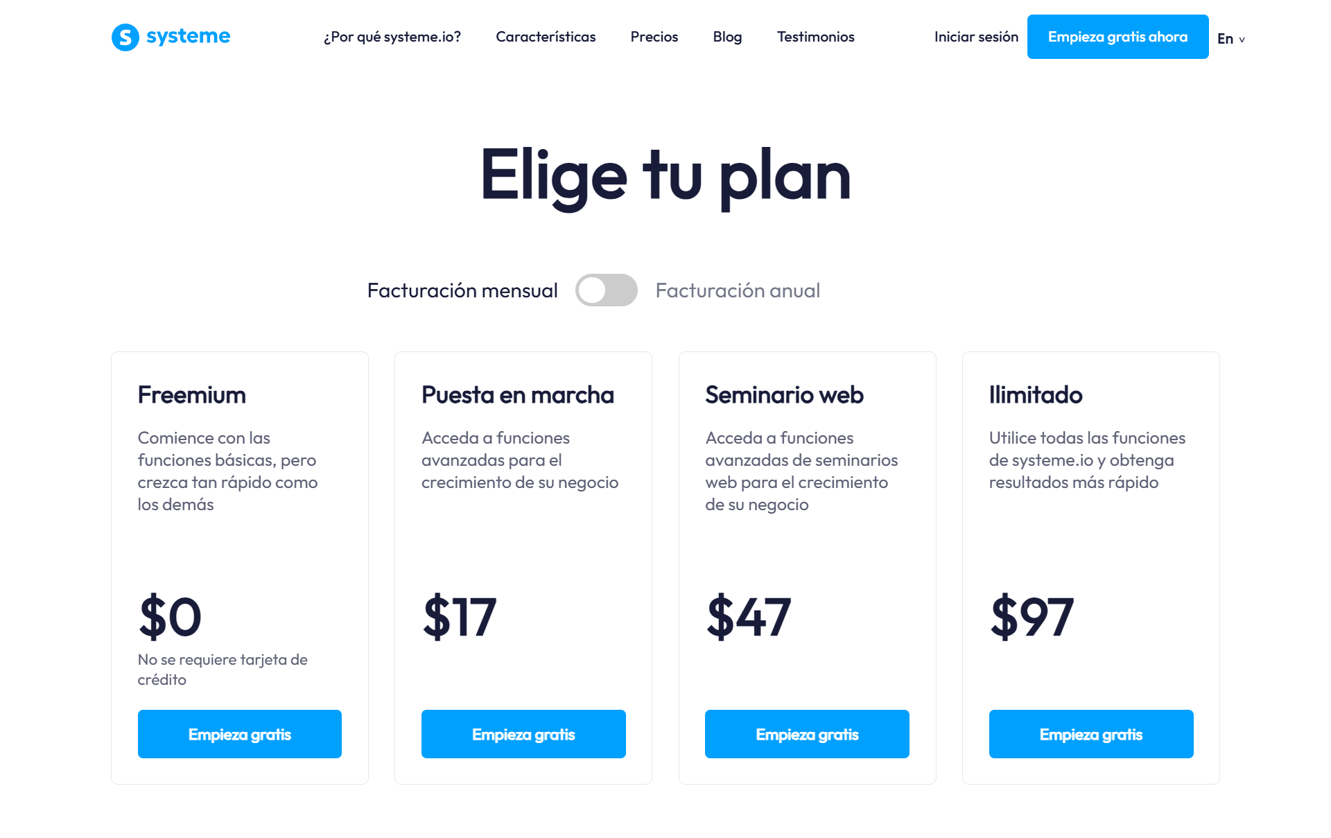 Tabla de precios oficial de Systeme.io mostrando el plan Startup a 17 dólares y el plan gratuito de por vida