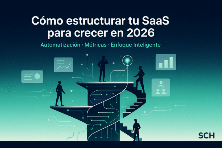 Ilustración de la estructura escalable de un SaaS en 2026 con automatización, métricas y enfoque inteligente