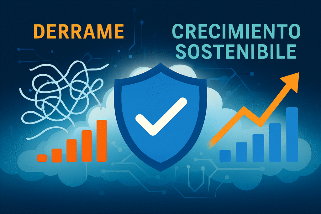 Infografía de concepto que compara visualmente el Derrames Financiero (costos descontrolados) con el Crecimiento Sostenible (gráfico ascendente y escudo de control).