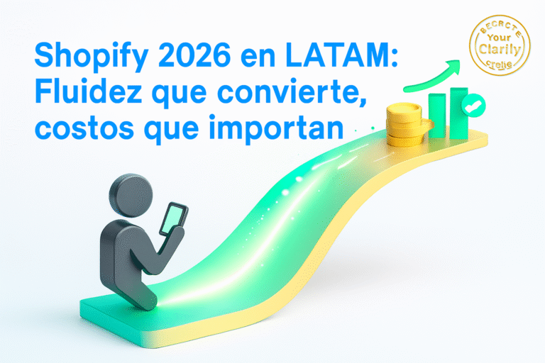 Ilustración isométrica minimalista que muestra a un usuario transformándose en datos sobre una rampa luminosa, culminando en monedas y gráfico ascendente, con el título “Shopify 2026 en LATAM: Fluidez que convierte, costos que importan”.