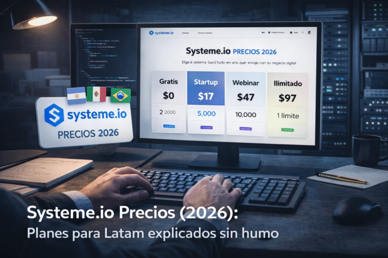 Workspace de desarrollador mostrando Systeme.io precios 2026 con planes y costos para Latinoamérica en un entorno técnico y profesional