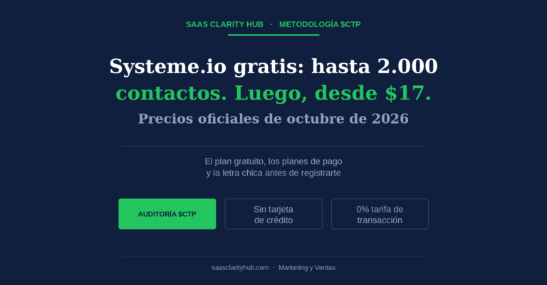 Systeme.io precios 2026: plan gratuito hasta 2.000 contactos y plan Startup desde 17 dólares