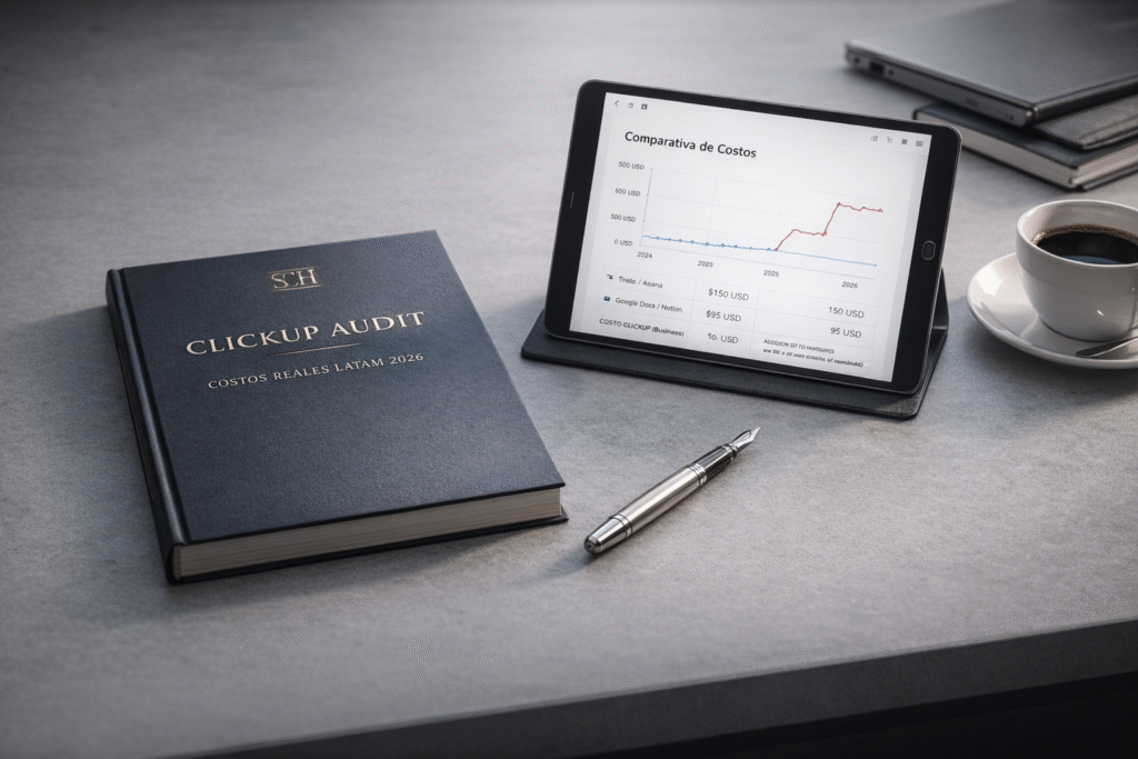 Auditoría financiera ClickUp Latinoamérica 2026 precios reales EUR USD MXN ARS COP ahorro consolidación equipos Madrid Barcelona Miami CDMX Buenos Aires Bogotá