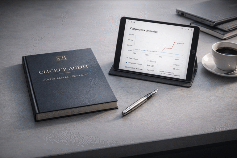 Auditoría financiera de ClickUp en Latinoamérica 2026 mostrando costos reales y comparación de gasto en un entorno ejecutivo profesional