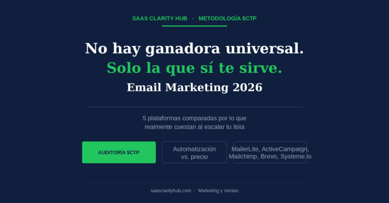 Auditoría SaaS Clarity Hub comparando MailerLite, ActiveCampaign, Mailchimp, Brevo y Systeme.io por costo real de email marketing en 2026