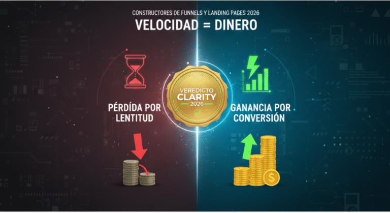 Contraste visual de la velocidad del embudo: Izquierda (rojo) ilustra la pérdida de dinero por lentitud, derecha (verde) muestra la ganancia y conversión rápida. Sello Veredicto CLARITY.
