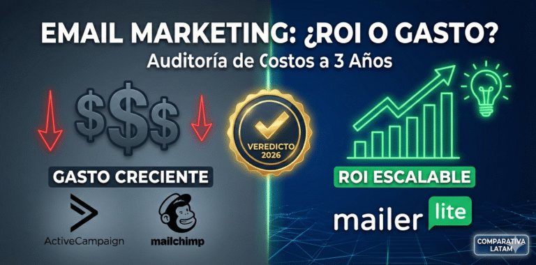 Gráfico comparativo de ROI en Email Marketing: A la izquierda, el gasto creciente de ActiveCampaign y Mailchimp; a la derecha, el crecimiento escalable con MailerLite. Sello dorado de Veredicto 2026 para SaaS en Latinoamérica.