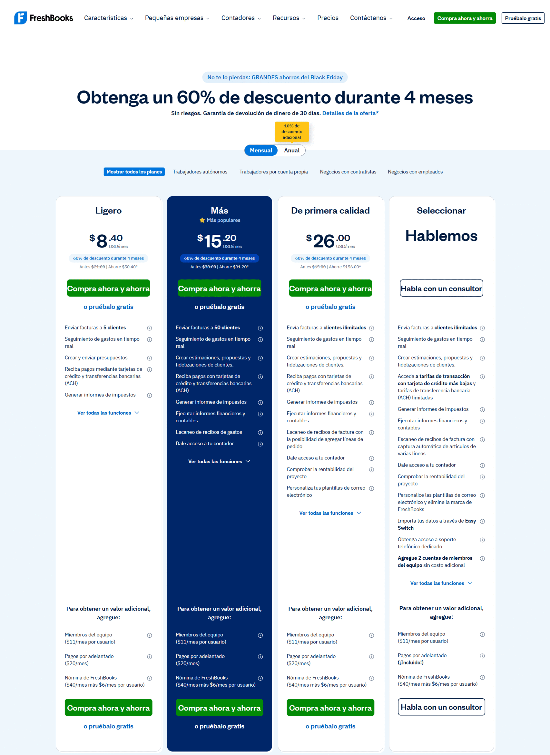 Tabla de precios de FreshBooks mostrando descuentos del 60% en planes para freelancers