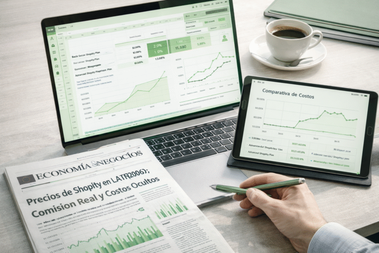 Análisis financiero de costos reales de Shopify en Latinoamérica 2026, con laptop y tablet mostrando métricas SaaS y diario económico sobre una mesa de trabajo.
