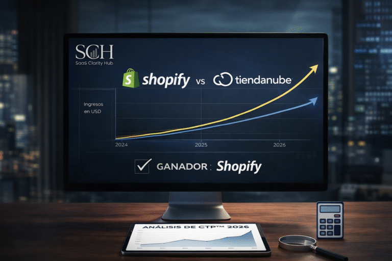 Comparativa técnica de Shopify vs Tiendanube 2026 mostrando análisis de costo total de propiedad CTP para el mercado latinoamericano con sello de auditoría SaaS Clarity Hub.