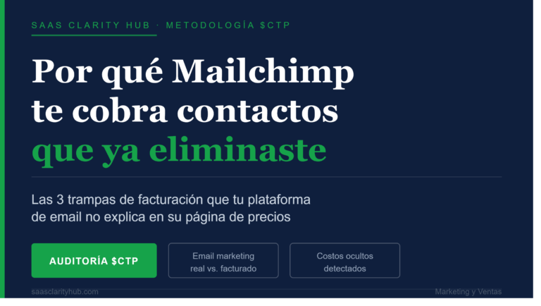 Infografía de SaaS Clarity Hub explicando las 3 trampas de facturación de Mailchimp que cobran contactos eliminados o inactivos