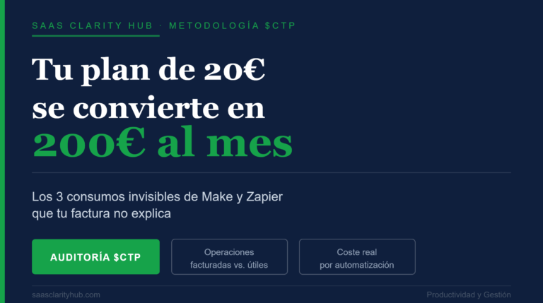 Infografía de SaaS Clarity Hub mostrando cómo el plan de 20€ de Make o Zapier puede triplicarse por consumos invisibles de operaciones