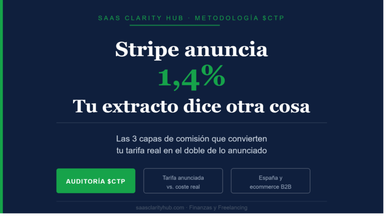 Infografía de SaaS Clarity Hub explicando las 3 capas de comisión oculta de Stripe que elevan la tarifa real del 1,4% anunciado en ecommerce B2B España