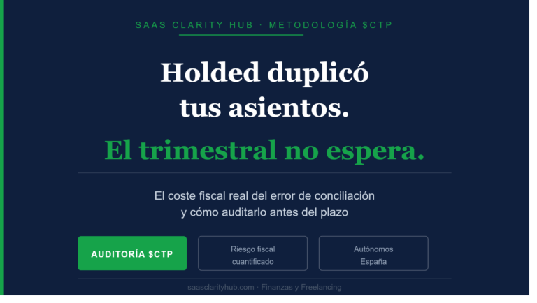 Infografía de SaaS Clarity Hub sobre el coste fiscal real del error de conciliación bancaria con asientos duplicados en Holded para autónomos españoles