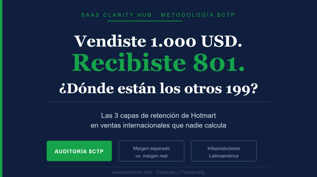 Infografía de SaaS Clarity Hub mostrando las 3 capas de retención de Hotmart en ventas internacionales que reducen el margen real del infoproductor