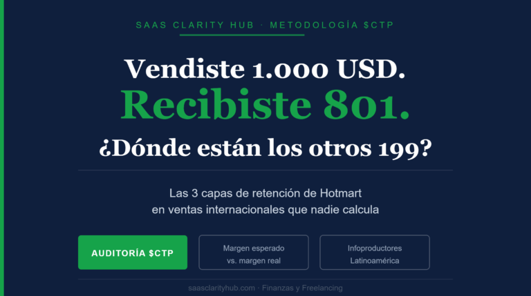 Infografía de SaaS Clarity Hub mostrando las 3 capas de retención de Hotmart en ventas internacionales que reducen el margen real del infoproductor
