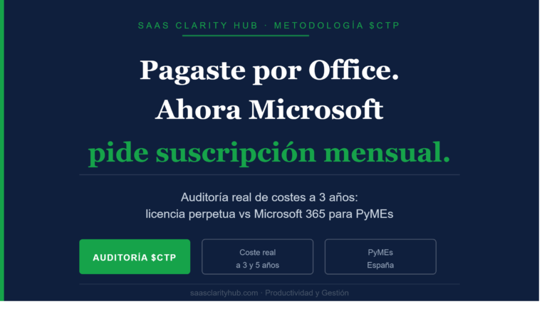 Infografía de SaaS Clarity Hub comparando el coste real de mantener licencia perpetua de Office versus migrar a Microsoft 365 para PyMEs españolas