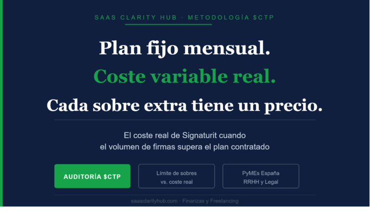 Infografía de SaaS Clarity Hub sobre el coste variable real de Signaturit cuando el volumen de firmas supera el límite del plan mensual