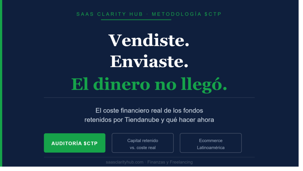 Infografía de SaaS Clarity Hub sobre el coste financiero real de los fondos retenidos por Tiendanube en ecommerce latinoamericano