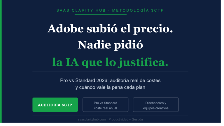 Infografía de SaaS Clarity Hub sobre el coste real de Adobe Creative Cloud Pro versus Standard 2026 para diseñadores y equipos creativos hispanohablantes