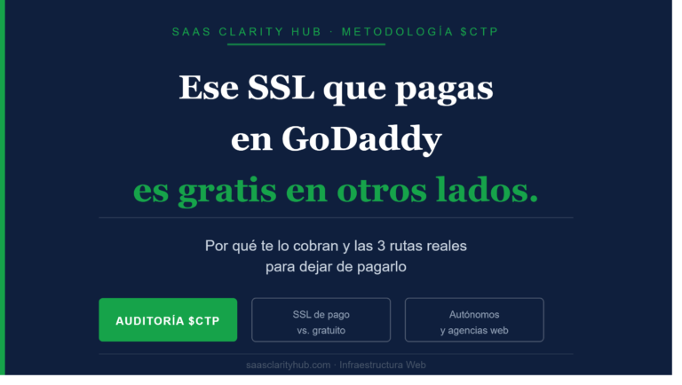 Infografía de SaaS Clarity Hub explicando por qué GoDaddy cobra por el certificado SSL y las 3 rutas para obtenerlo gratis con Let's Encrypt o Cloudflare