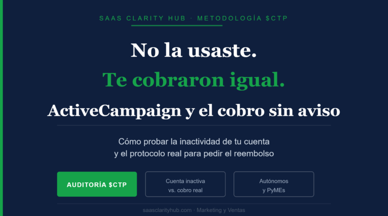Infografía de SaaS Clarity Hub sobre el cobro sin aviso de ActiveCampaign en cuentas inactivas y cómo solicitar el reembolso